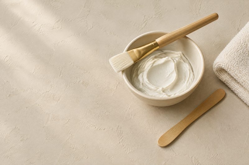 Krémszínű kerámiatál fehér krémmaszkkal, a peremén fanyelű maszkecset, mellette fa spatula és egy összehajtott törölköző világos felületen.